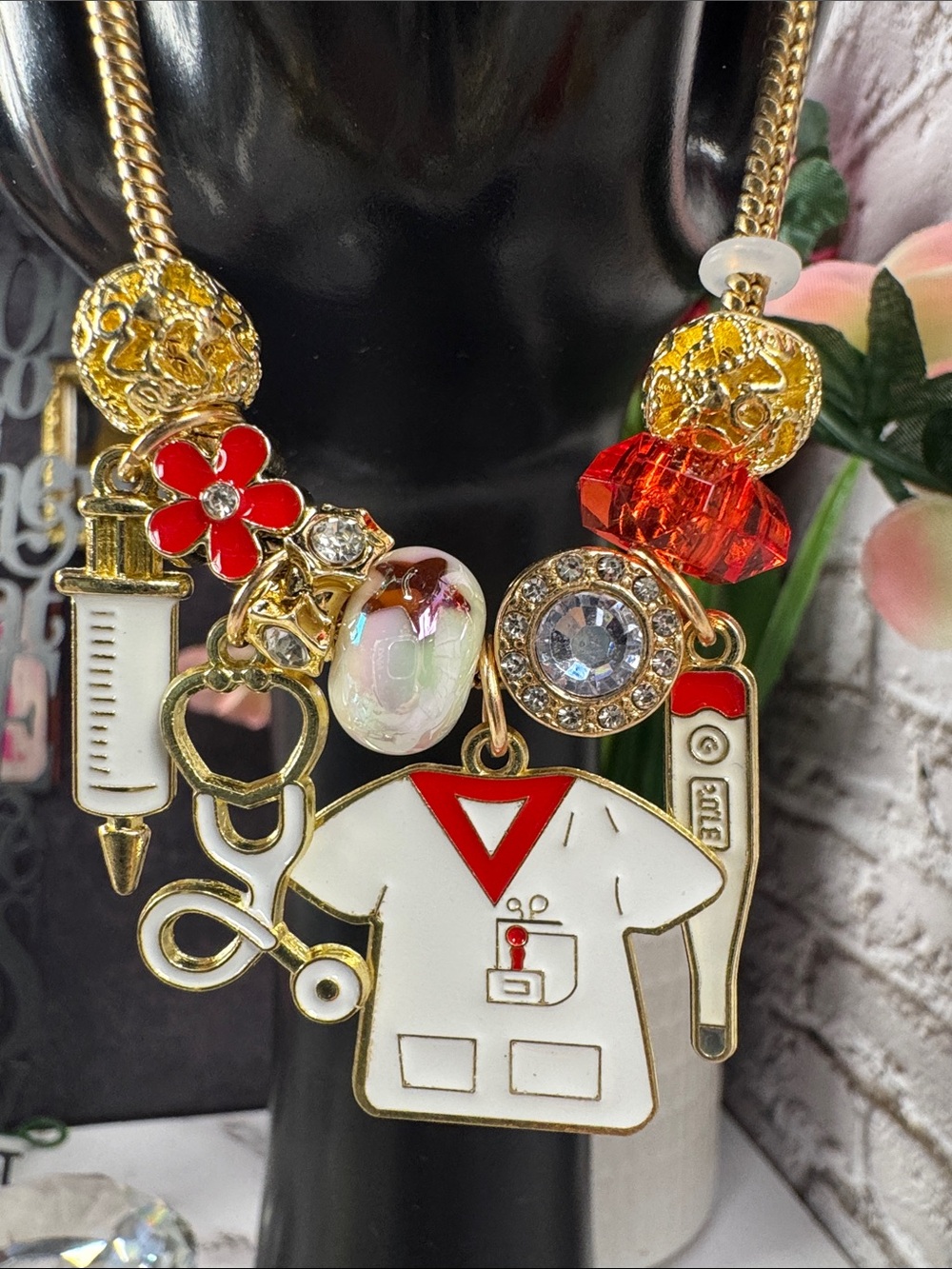 Healthcare Charm Bracelet with Red & Gold Accents